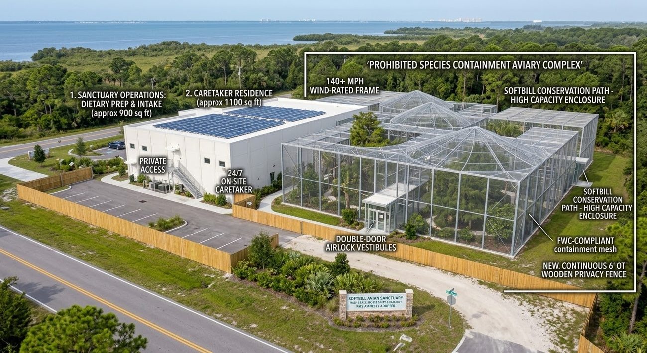 Concept rendering of the planned sanctuary facility, showing the operations building, caretaker residence, and secure containment aviary complex for regulated nonnative species