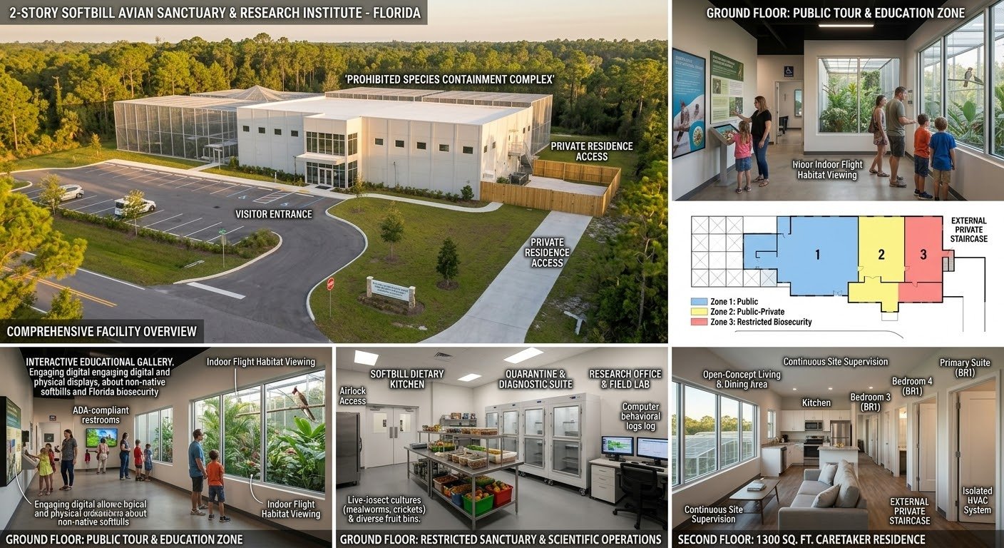 Concept board showing the two-story sanctuary building exterior, public education zone, restricted scientific operations floor, zone map, and caretaker residence