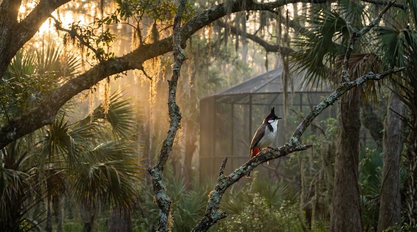 Illustrative rendering of a red-whiskered bulbul, a non-native species regulated in Florida, near a conceptual aviary structure at the planned Florida Avian Institute sanctuary in Ruskin, FL