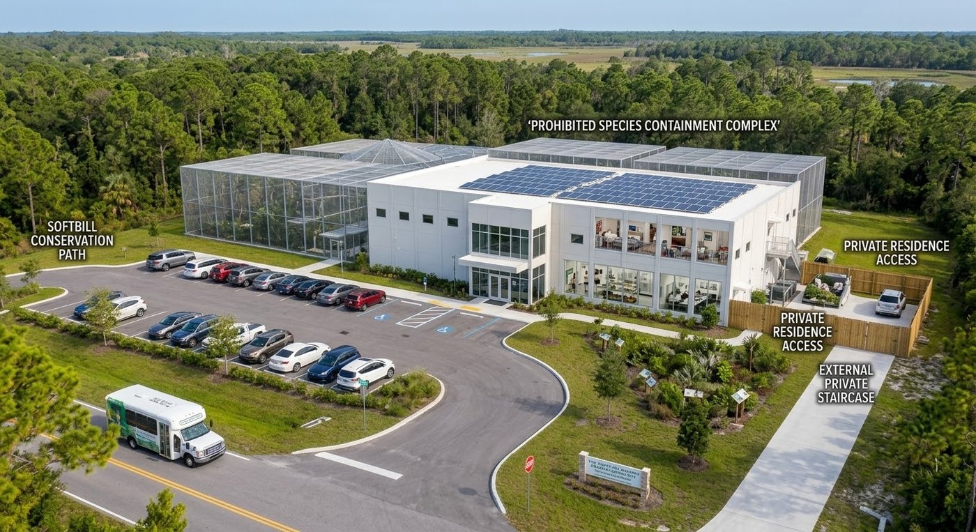 Concept rendering of the completed sanctuary facility with parking, visitor shuttle access, and the containment aviary complex