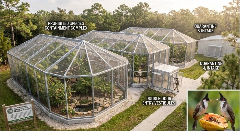 Concept rendering of the planned predator-proof containment aviary complex with quarantine and intake structures
