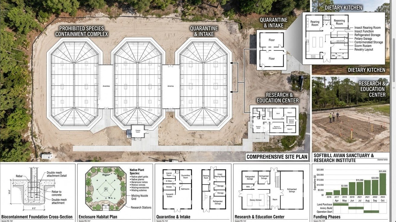 Site plan schematic showing the containment complex, quarantine and intake building, research and education center, and funding phase timeline